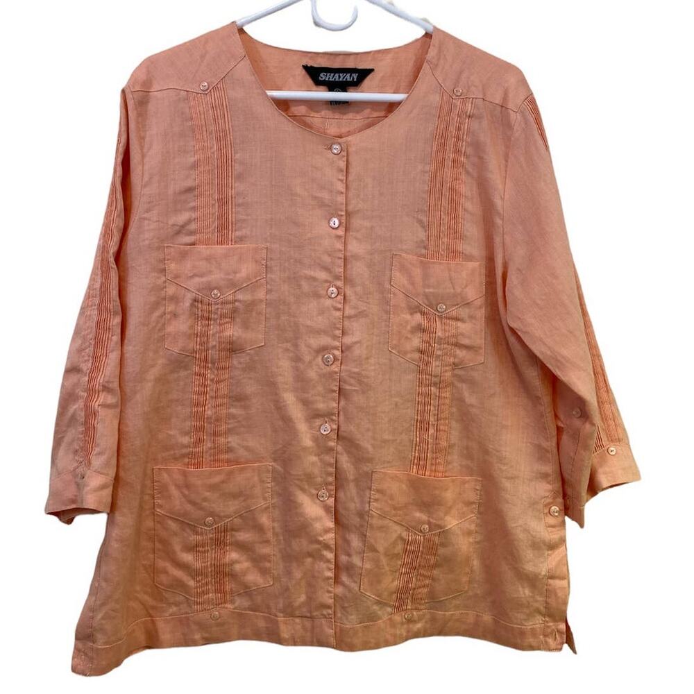 Shayan100%  Linen Guayabera Blouse Salmon Color Lagenlook Large